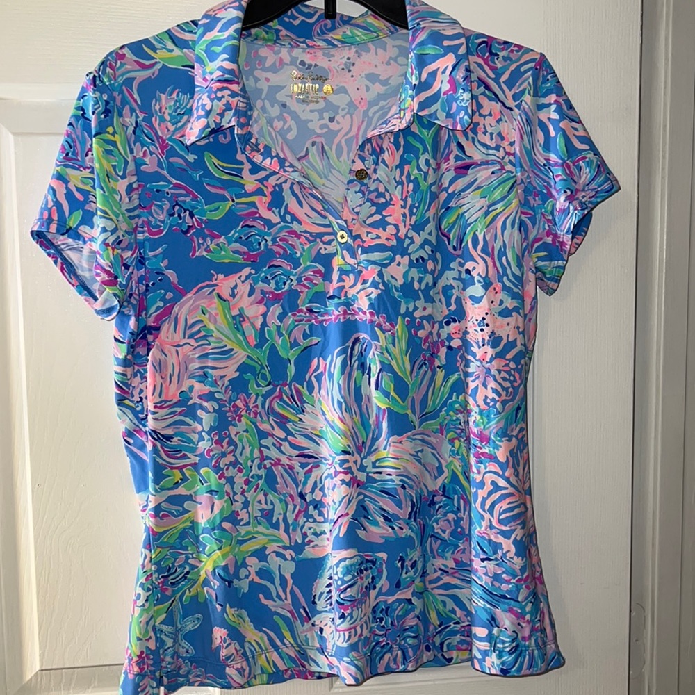 Lilly Pulitzer luxletic polo golf tennis shirt fish coral 🪸 Size Large